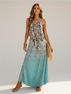 $79 Milano Women’s Multicolor Snake-print Draw waist Maxi/Long Dress Size M